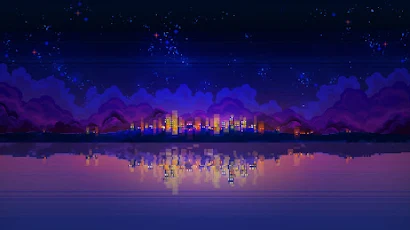 Pixel Art, Night, City Lights, Clouds, Stars 2K Wallpaper Background