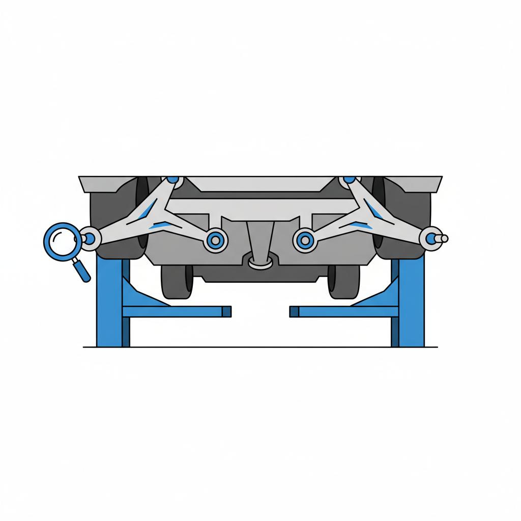 Minimalist 2D vector underbody view of a Jeep Grand Cherokee for sale on a lift showing control arms bushings and ball joints highlighted in brand blue