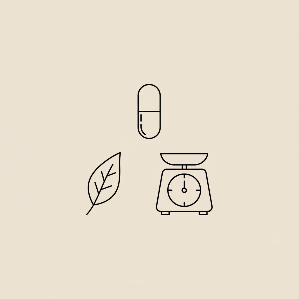 Minimalist line illustration of a capsule, leaf, and small scale on beige background representing CLA belly fat and weight management.