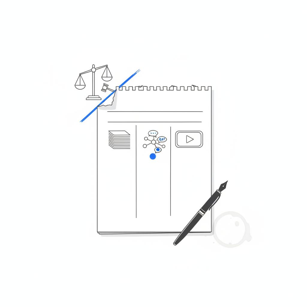 Notebook-style vector sketch of a content planning sheet with three icon columns, fountain pen and coffee ring, representing planning for Are lawyers allowed to advertise in the USA?