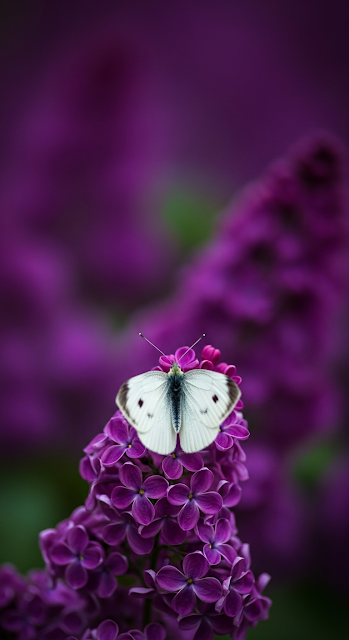 Soft Focus Macro Photograph of a White Butterfly on a Vibrant Purple Lilac Flower Cluster - Free mobile Wallpaper