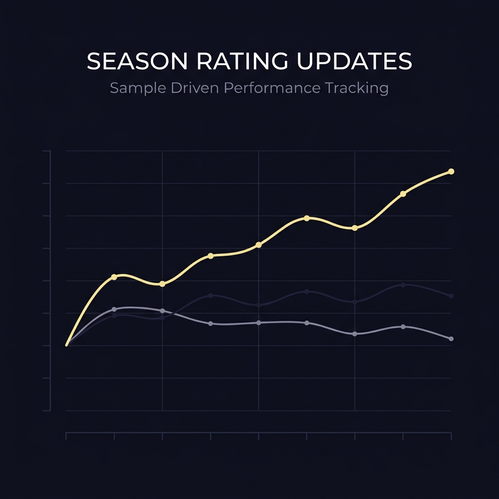 How Quarterback Experience Affects Team Ratings line chart showing sample driven seasonal rating updates in a minimalist 2D vector on Funded Plays palette background 10101a accent f5e79d