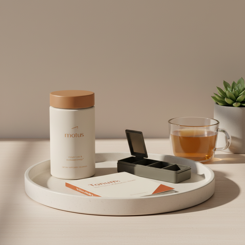 Minimal kitchen counter with pill organizer, Tonum research booklet, cup of tea and the product from the reference photo placed to support start HRT guidance.