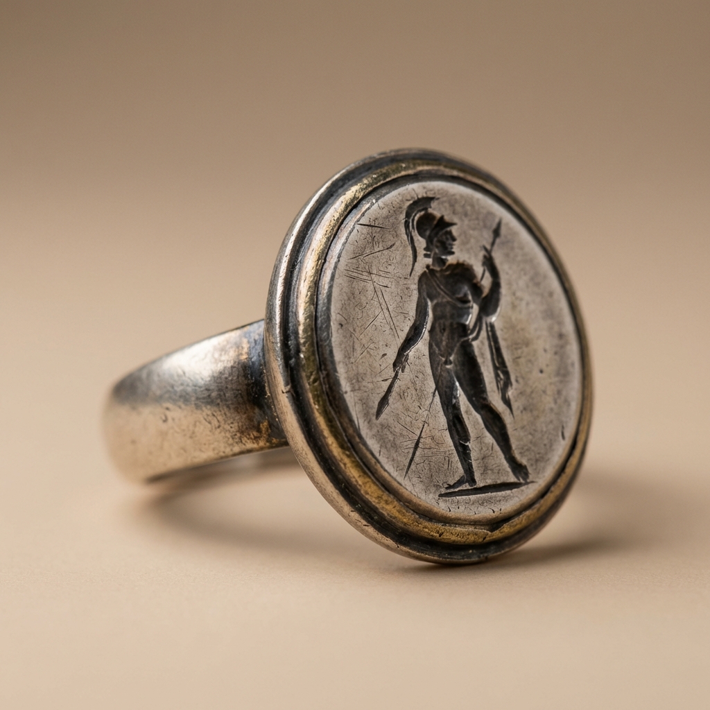 Macro photograph of a Roman silver signet ring ancient with carved intaglio showing incised detail patina and bezel wear on a minimalist warm beige background