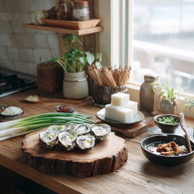 굴떡국 재료가 준비된 주방 풍경