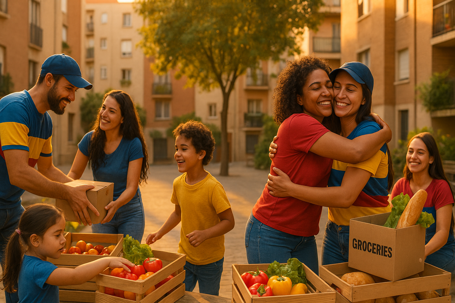 Venezolanos organizando una bodega comunitaria en un patio urbano