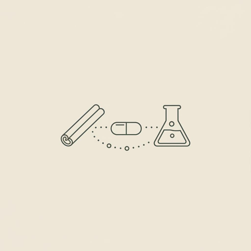 Minimalist line illustration of a cinnamon stick, capsule, and lab beaker connected by a dotted line on beige background — how much cinnamon per day to lower blood sugar
