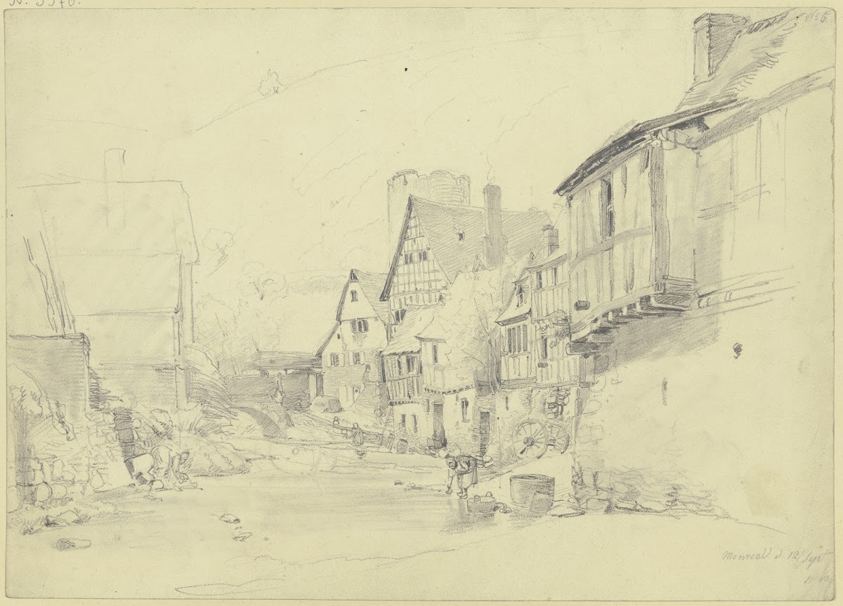Straße mit breitem Bach an dem zwei Frauen waschen 1840