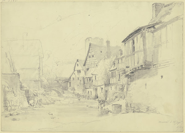 Straße mit breitem Bach an dem zwei Frauen waschen 1840