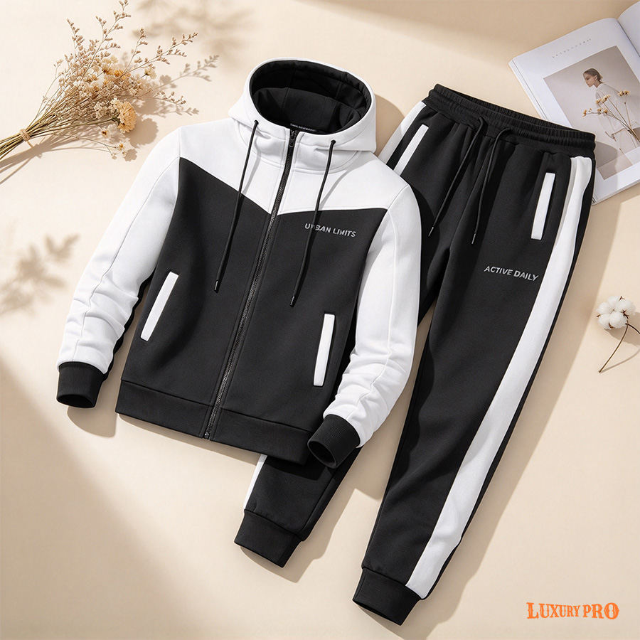 2D Spliced Hooded Zip Up Sweatshirt + Sports Cuffed Jogger Pants