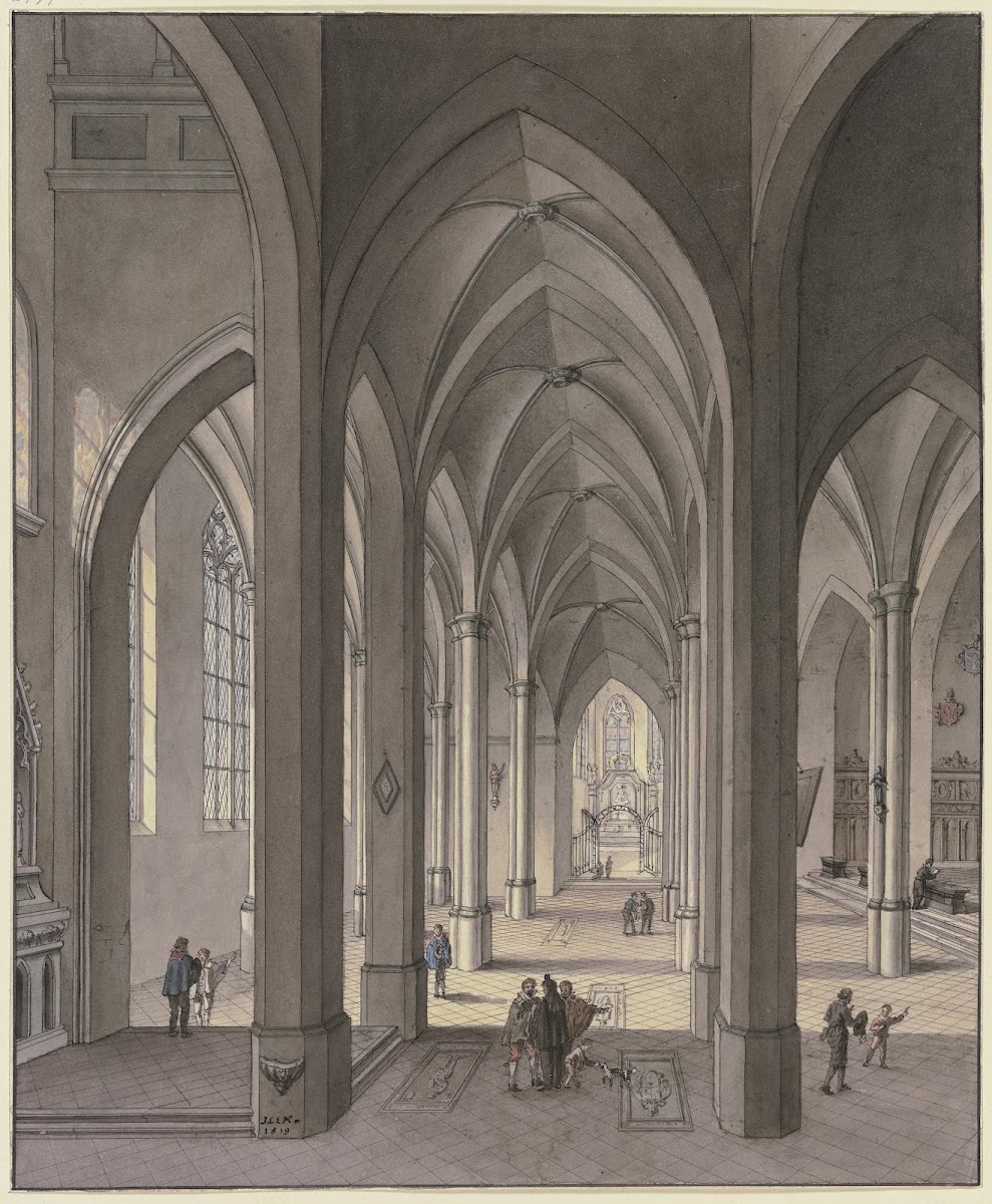 Blick in den Chor einer dreischiffigen gotischen Hallenkirche mit Staffagefigure