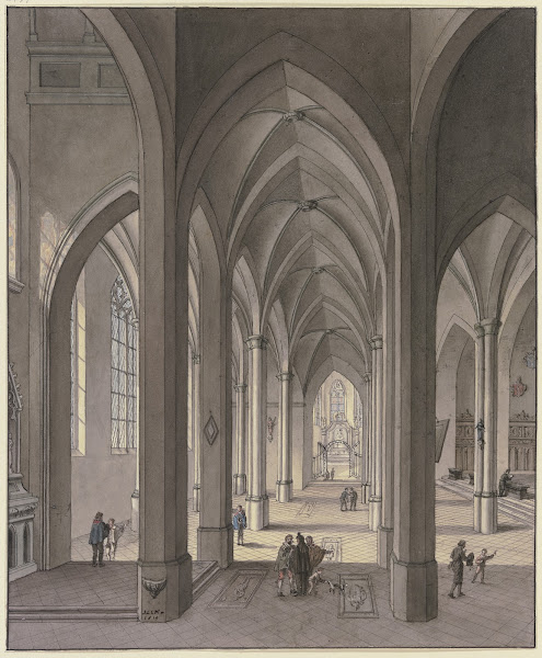 Blick in den Chor einer dreischiffigen gotischen Hallenkirche mit Staffagefigure