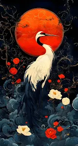 Elegance of Japanese Crane and Red Sun Art