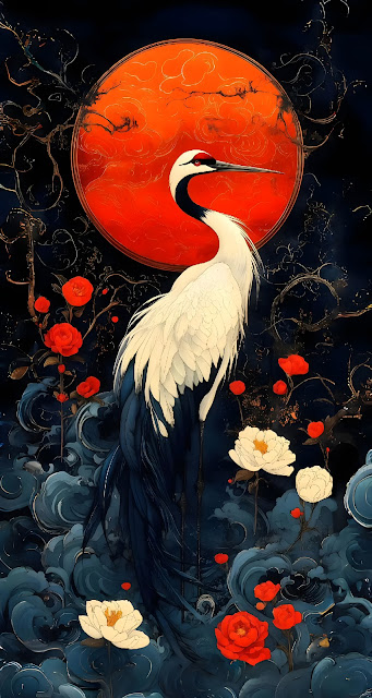 Elegance of Japanese Crane and Red Sun Art - Free mobile Wallpaper