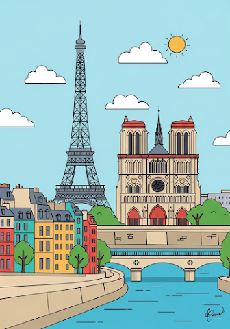 Paris Landmarks Cartoon Illustration
