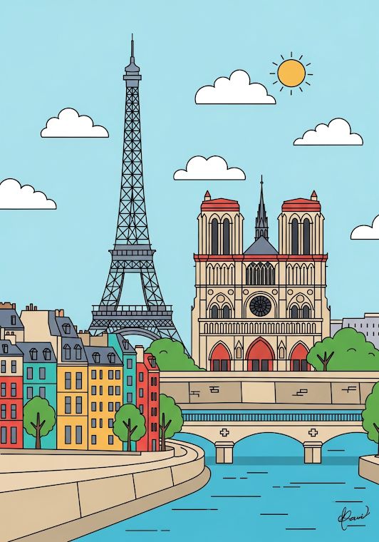 Paris Landmarks Cartoon Illustration