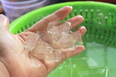 Cắt nha đam thành hạt lựu. Sau khi cắt toàn bộ nha đam thành hạt lựu thì rửa sạch nhớt nha đam với một ít muối cho bớt đắng.