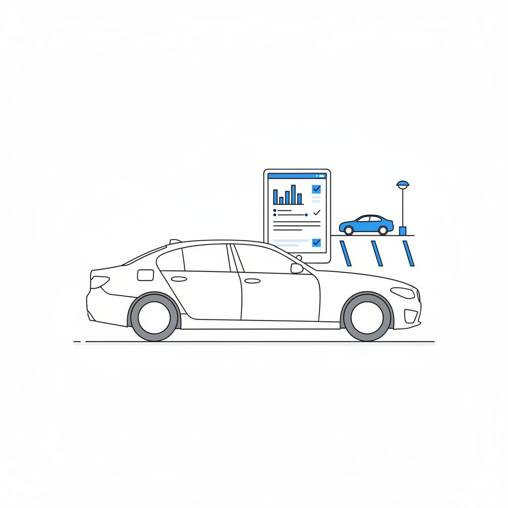 Minimal 2D vector of a tablet showing an abstract vehicle history report on a hood next to a parked sedan inspired by BMW at a bmw car dealership, white background, CarFax Deals colors