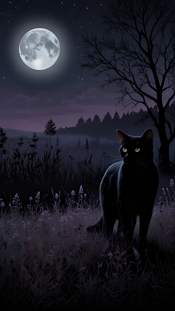 Black Cat with Glowing Eyes Under Full Moon - Free mobile Wallpaper