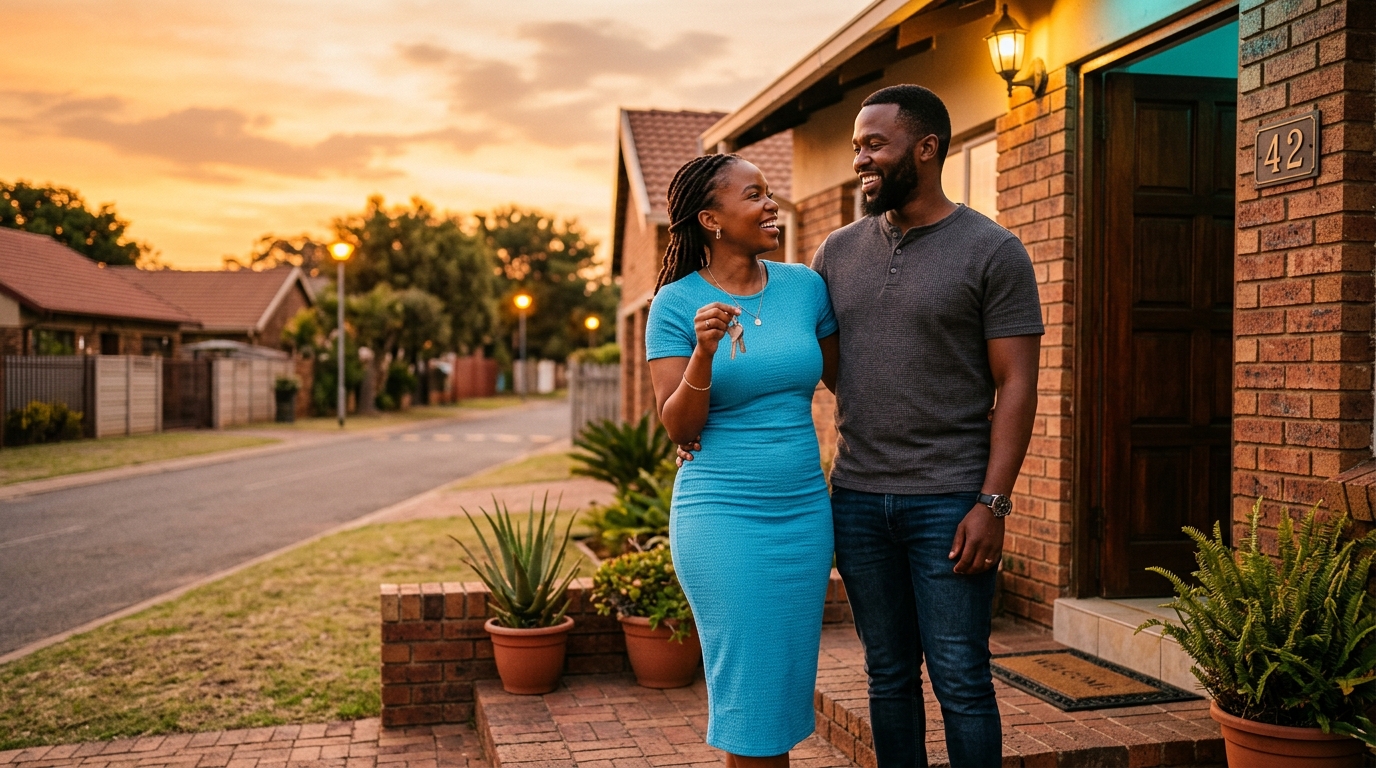 Young South African couple at the front step of their first home at golden hour. Real people, real life, earned.