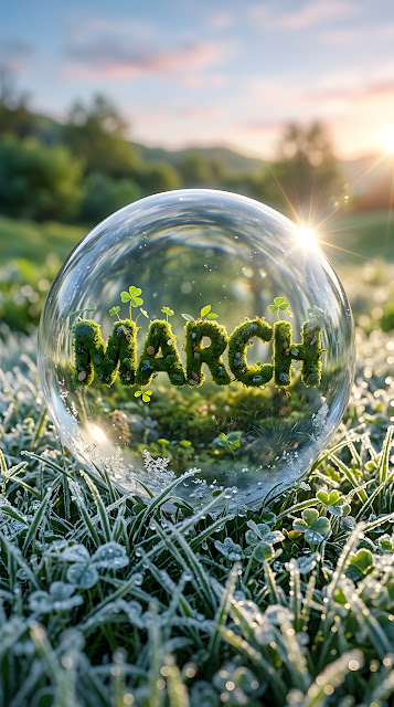 Glass Orb with 'MARCH' Typography and Clover Sprouts in Snow - Free mobile Wallpaper