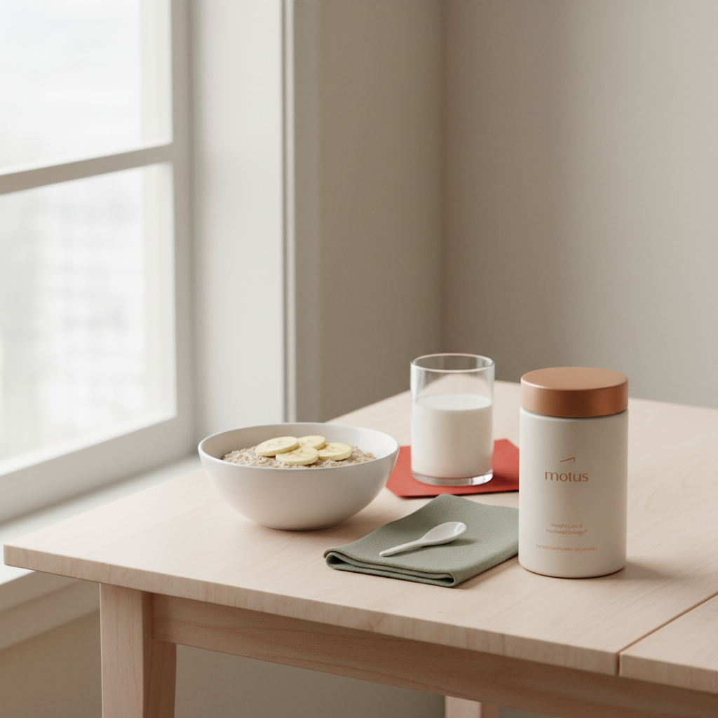 Minimal kitchen table with Tonum supplement jar beside a bowl of oats, banana and a glass of milk — How can a skinny person gain weight?