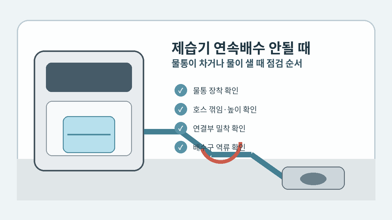 삼성 제습기 연속배수
중 물통이 차거나 호스에서 물이 새는 상황을 보여주는 대표 이미지
