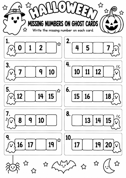 Halloween Missing Numbers on Ghost Cards