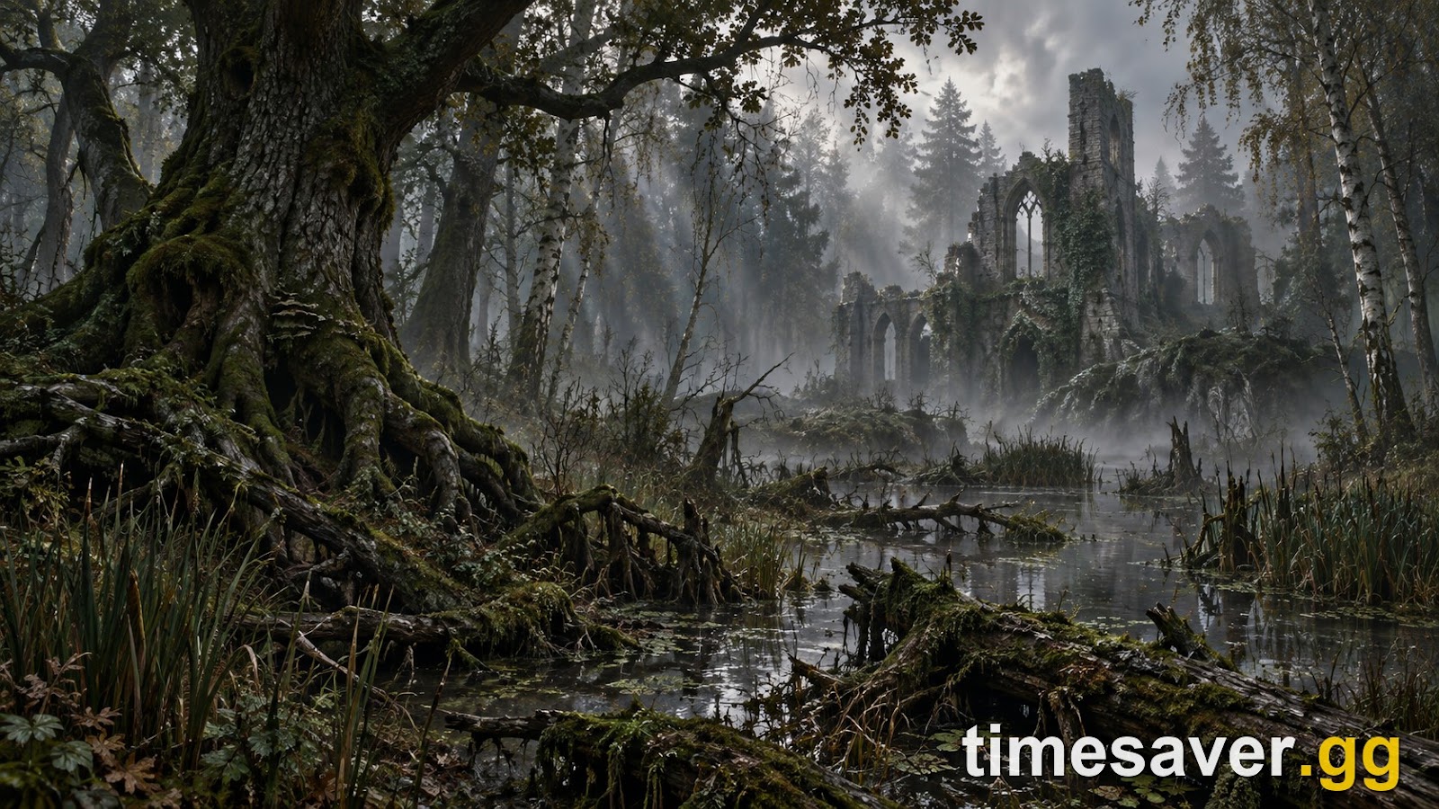 A misty gothic forest and wetland in the valley of Vale Sangora