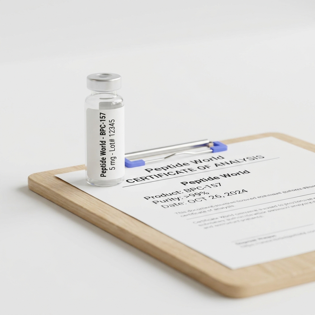 Close up of bpc 157 peptide vial on clipboard with certificate of analysis COA document, minimalist white background, subtle Peptide World blue accents 7173eb, clean product presentation