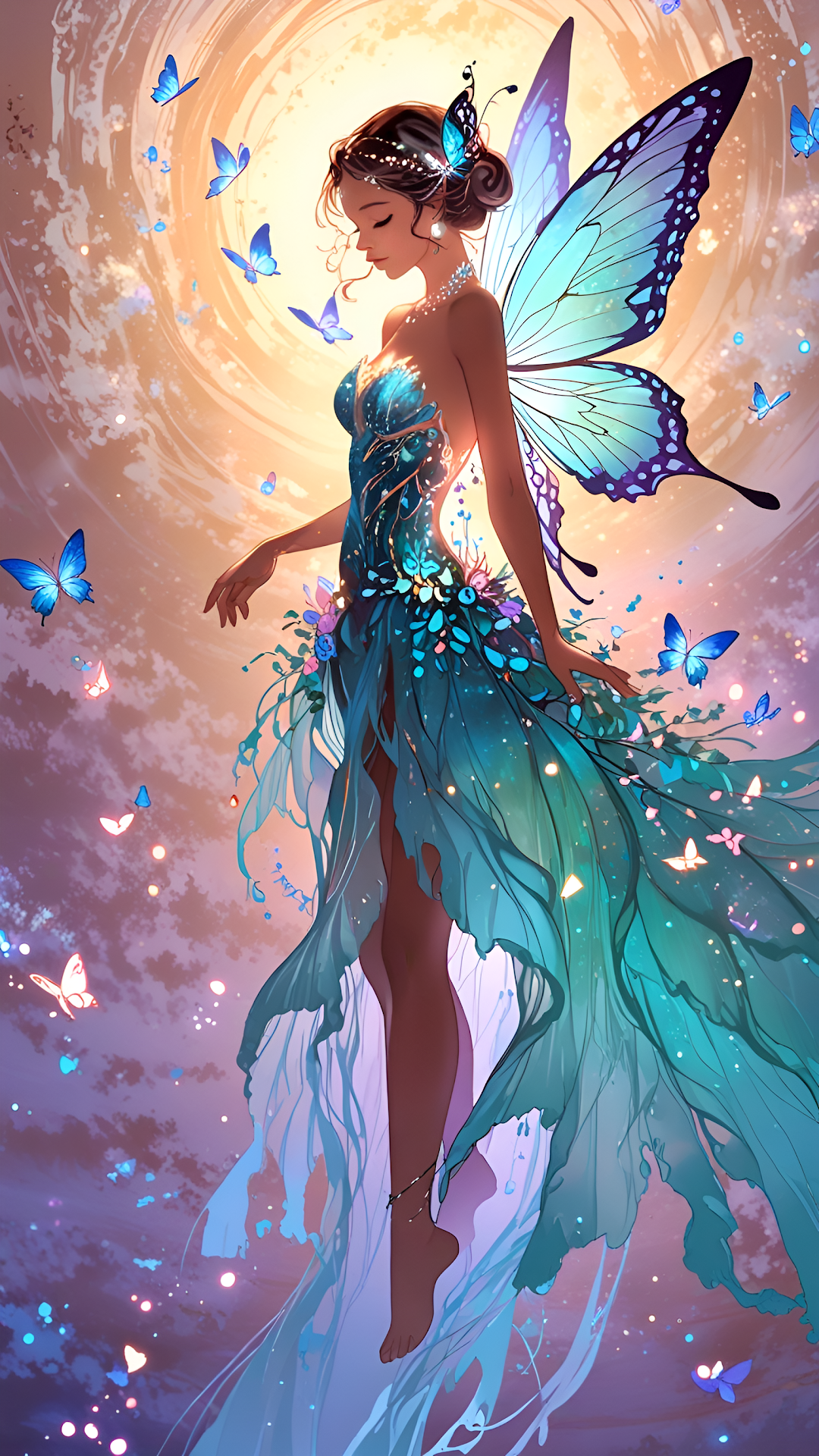Ethereal Butterfly Fairy in Teal Gown and Sunlight - Free 4K mobile Wallpaper