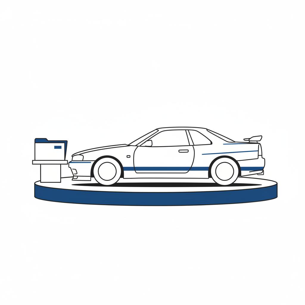 Minimalist 2D vector of a Nissan Skyline R34 on an auction display with a documentation folder beside it white background and CarFax Deals blue accents nissan skyline r34 for sale