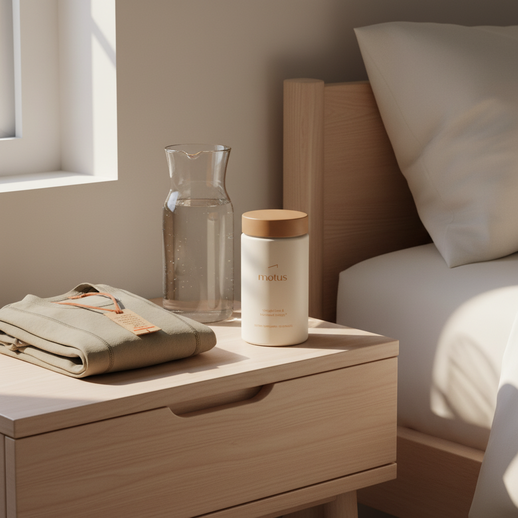 Tonum Motus supplement jar on a wooden bedside table with a glass carafe and folded workout top, illustrating probiotics for bloating and belly fat morning wellness routine.