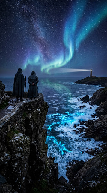 Mystical Coastal Night with Aurora, Stars, and Bioluminescent Algae - Free mobile Wallpaper
