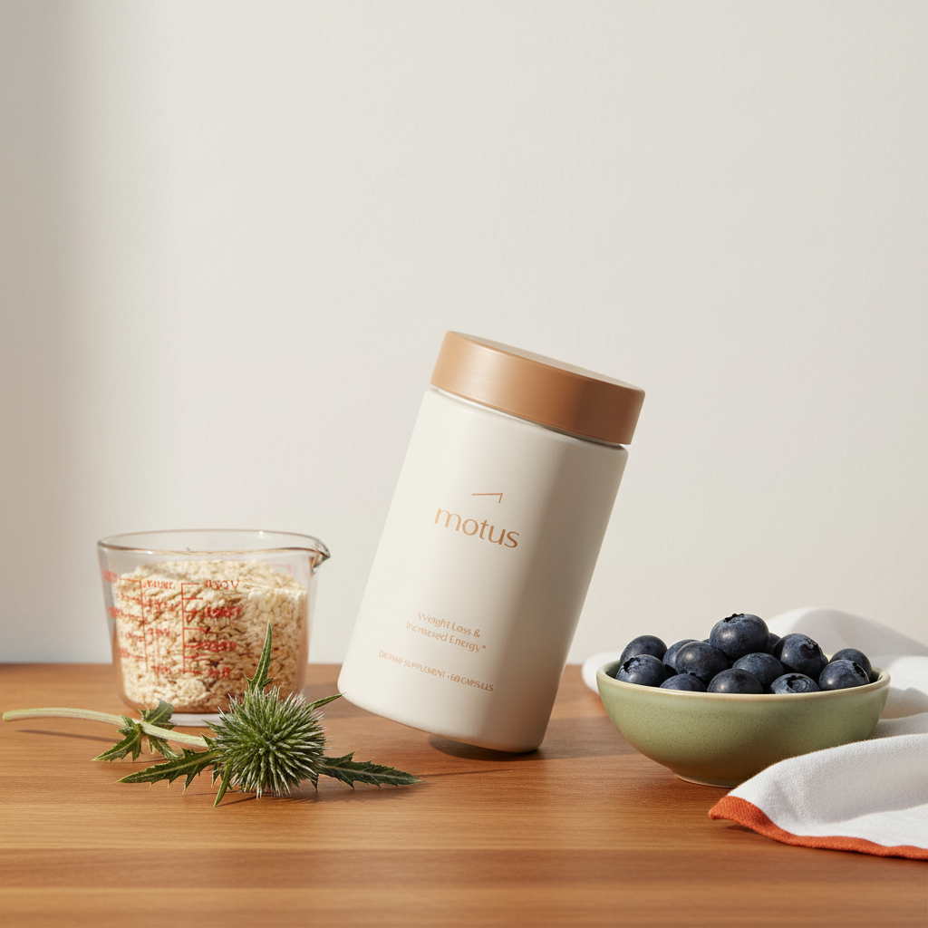 Motus supplement bottle on a wooden counter with a measuring cup of oats, milk thistle sprig and bowl of blueberries in a minimalist Tonum scene promoting safe weight loss pills.