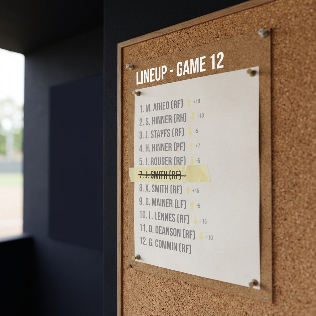 Close up of posted baseball lineup sheet with a highlighted scratched player and small accent arrows showing odds shifts How Lineup Changes Move MLB Prices