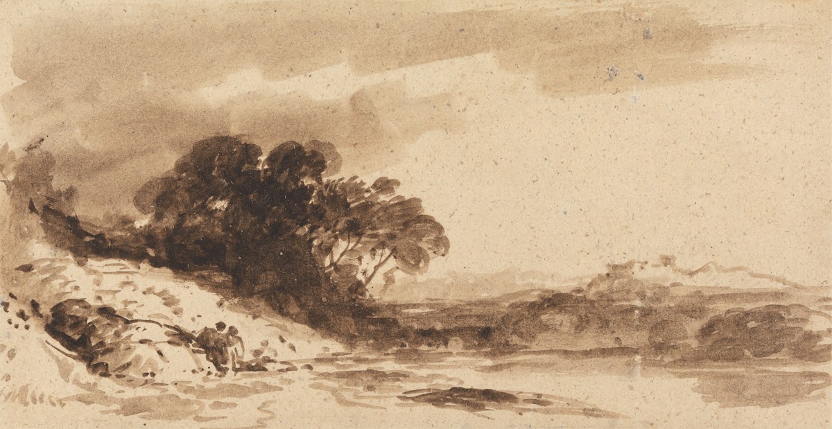 River Landscape with Two Figures Lake and Distant Mountains