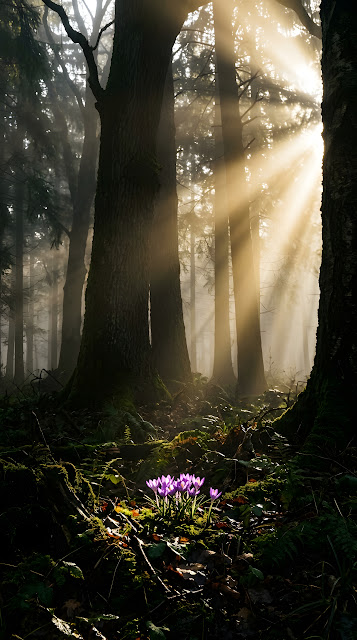 Sunlight Filtering Through Misty Forest Trees onto a Field of Purple Flowers - Free mobile Wallpaper