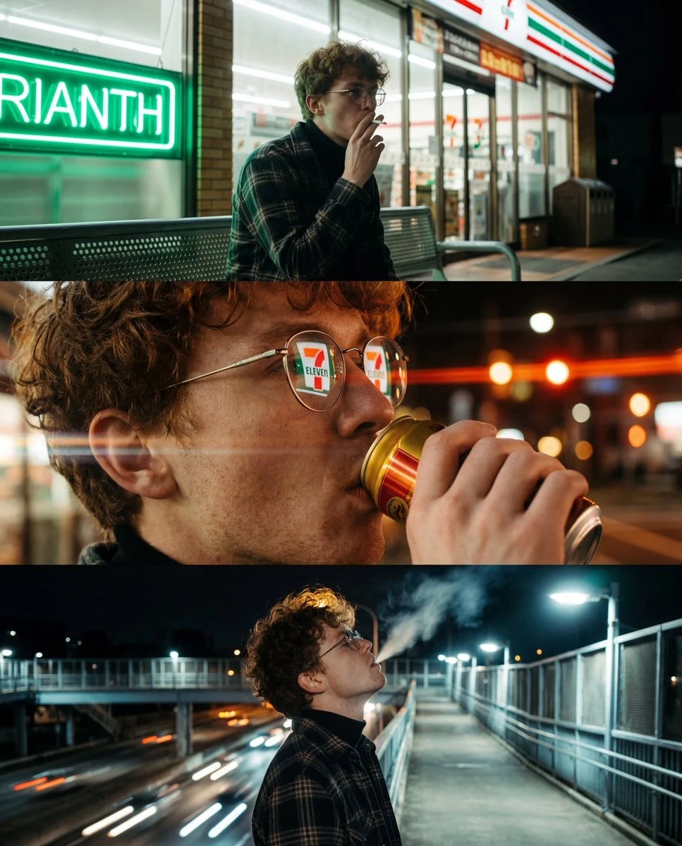 Un tríptico vertical de tres fotografías urbanas nocturnas de estilo cinematográfico que muestran a un joven con el pelo despeinado y rizado...
