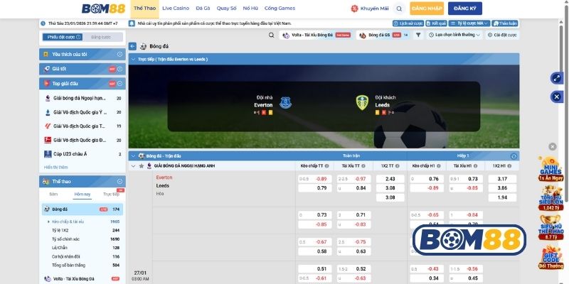 Bảng tỷ lệ kèo trận Everton vs Leeds ngày 27/01/2026