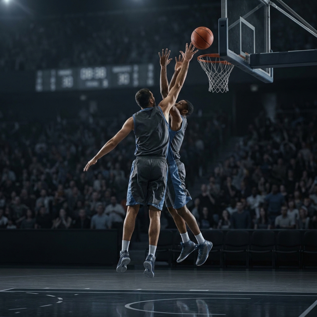 Playoff rebound contest between two basketball players in a close crowd under night stadium lighting minimalist composition for bucks celtics prediction