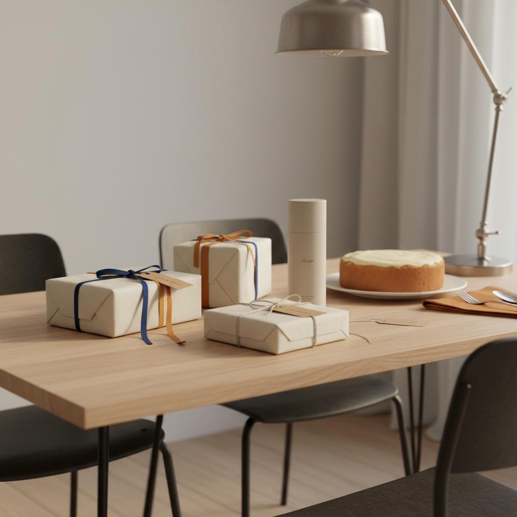 Intime Esstischszene mit sorgfältig verpackten Geschenken, einfachem Kuchen, metallischen Raum-Details und warmem Licht – minimalistisch und handwerklich: wie viel geld schenken zu weihnachten