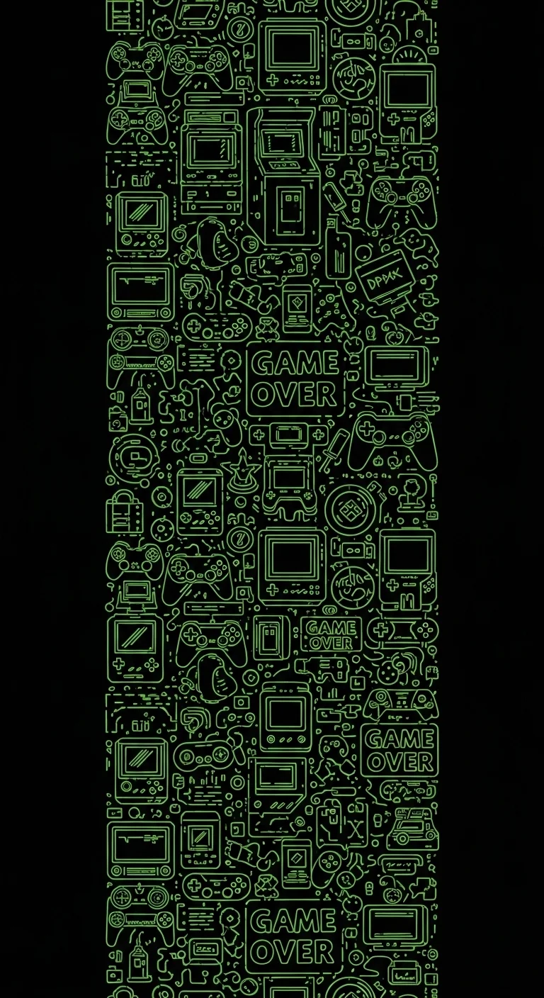 Vertical Seamless Pattern of Neon Green Gaming and Technology Doodles on Black - Free 4K mobile Wallpaper