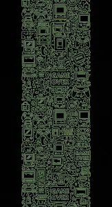 Vertical Seamless Pattern of Neon Green Gaming and Technology Doodles on Black