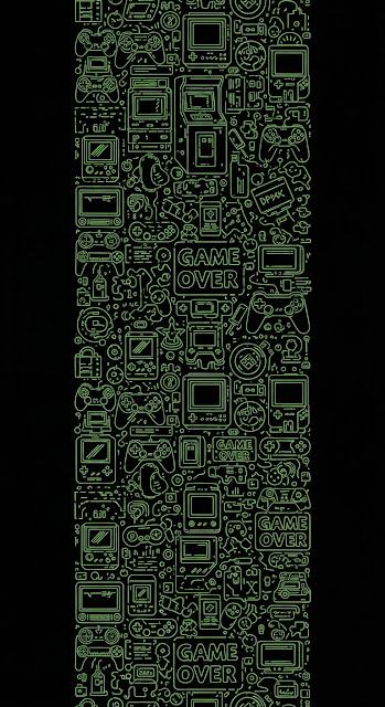 Vertical Seamless Pattern of Neon Green Gaming and Technology Doodles on Black - Free mobile Wallpaper