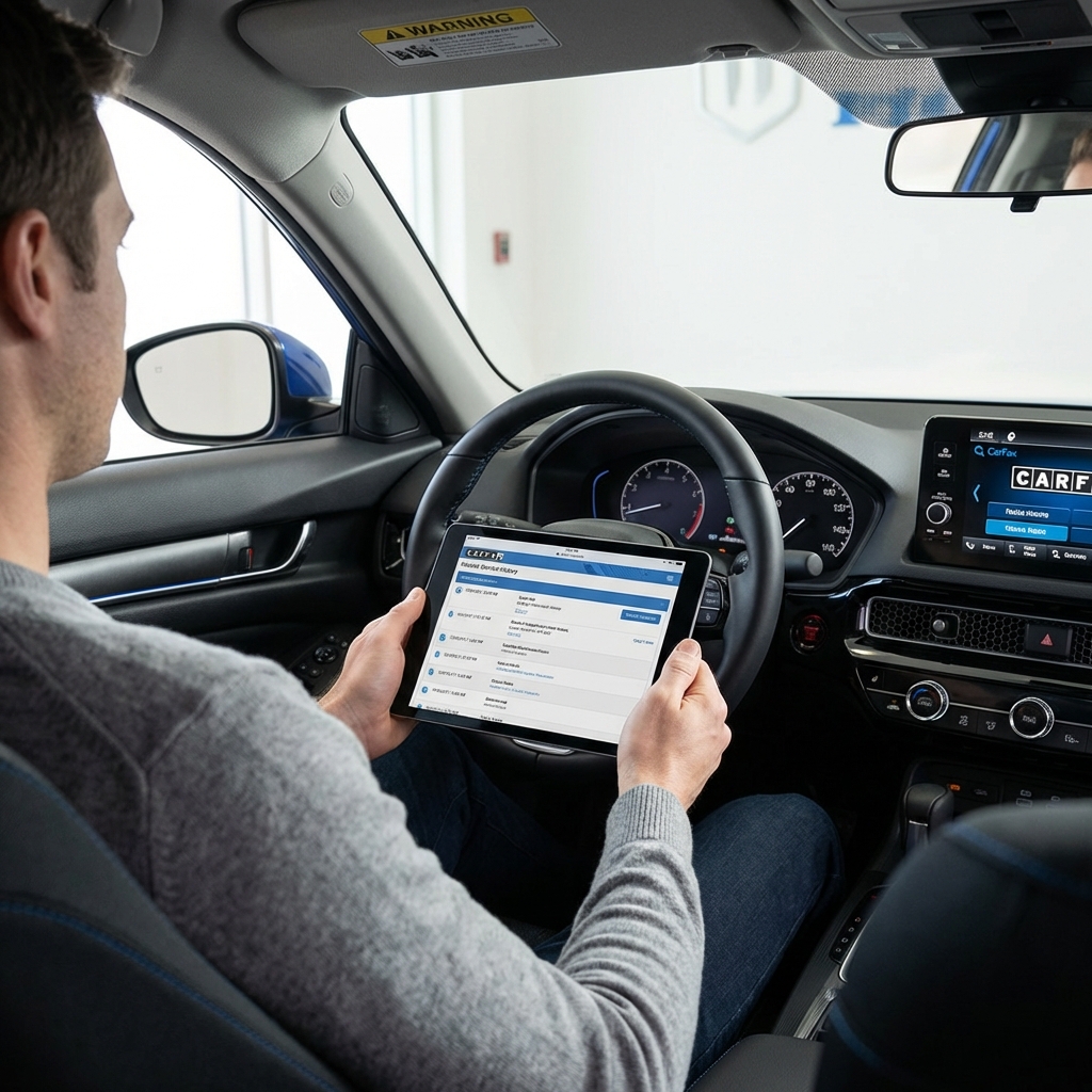 Driver inspecting used Honda interior holding tablet with service records in natural light at a clean CarFax Deals style showroom honda car dealer near me