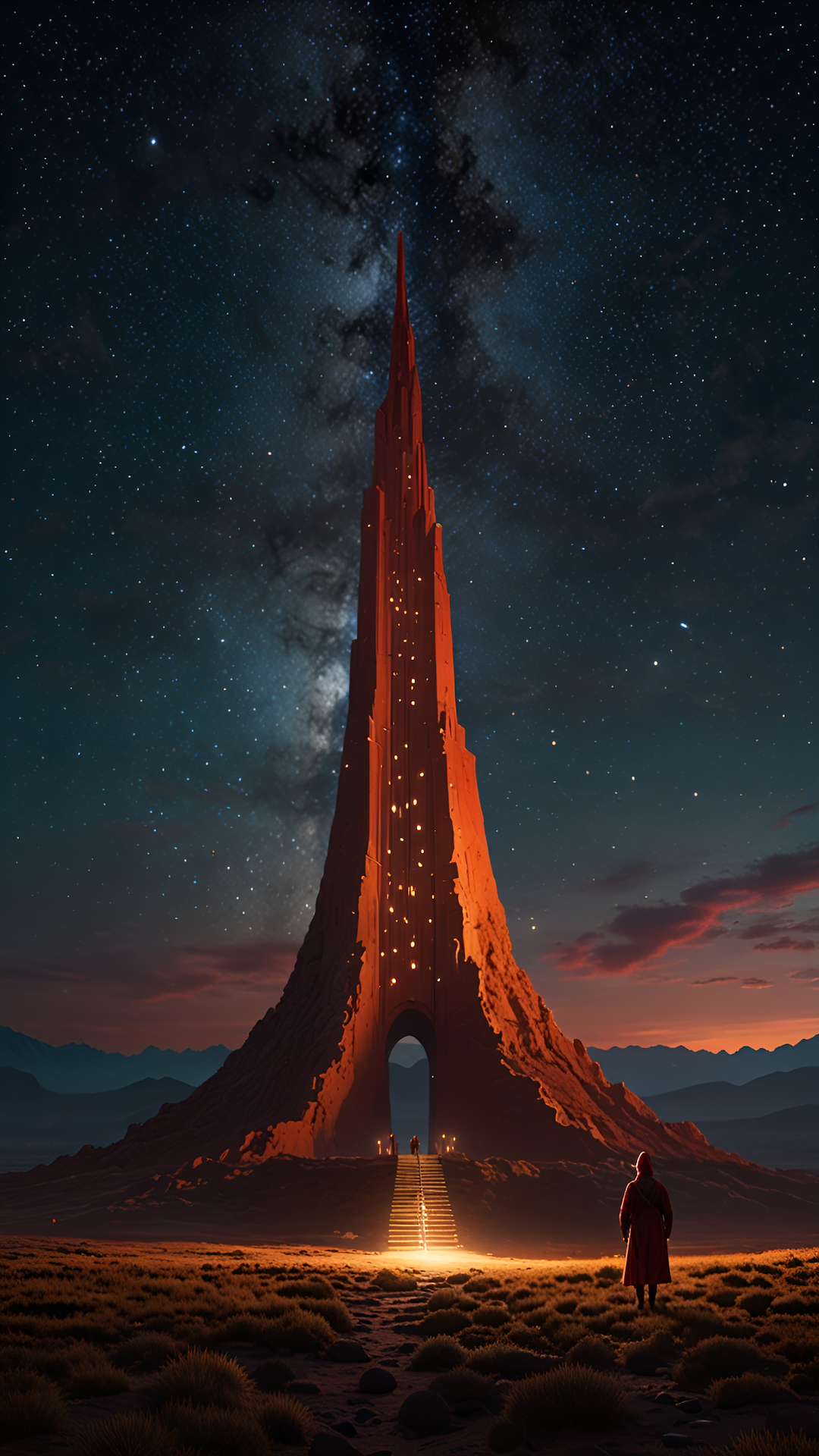 Sci Fi Temple Tower Milky Way Desert Landscape - Free 4K mobile Wallpaper