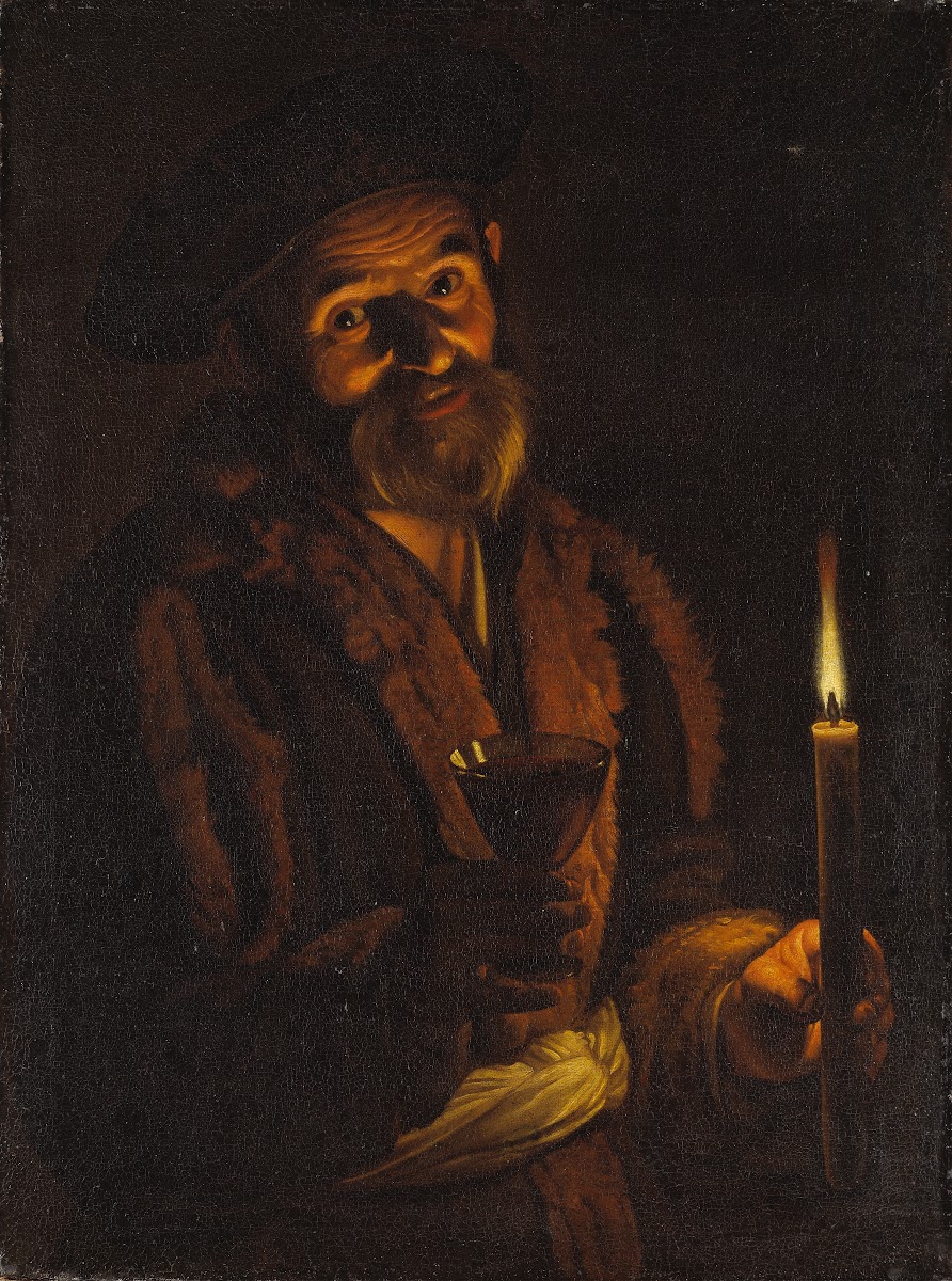 Old Man Holding a Candle and a Glass