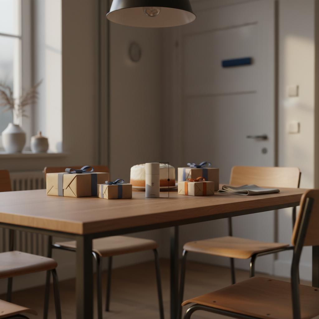 Intime Esstischaufnahme mit sorgsam verpackten Geschenken und Vanillekuchen, Detailfokus auf Bänder und Papiertextur, warme Lichtstimmung; schutzengel aktivieren