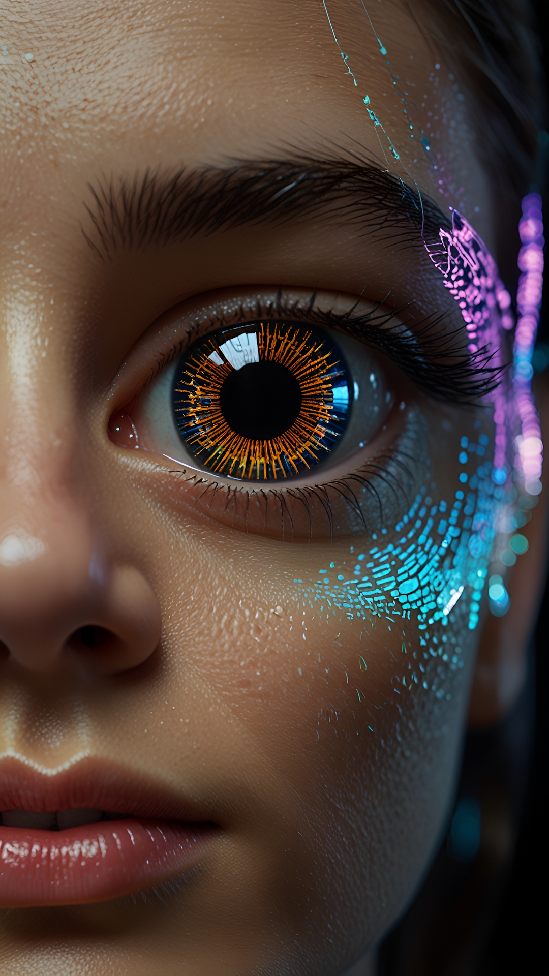 Macro Portrait of Cybernetic Human Eye and Neon Face Tech - Free 4K mobile Wallpaper